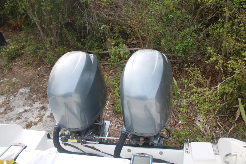 Slide: The Image of Twin outboard motors on a 2006 Seaswirl Striper 2601 boat, surrounded by greenery. - 28