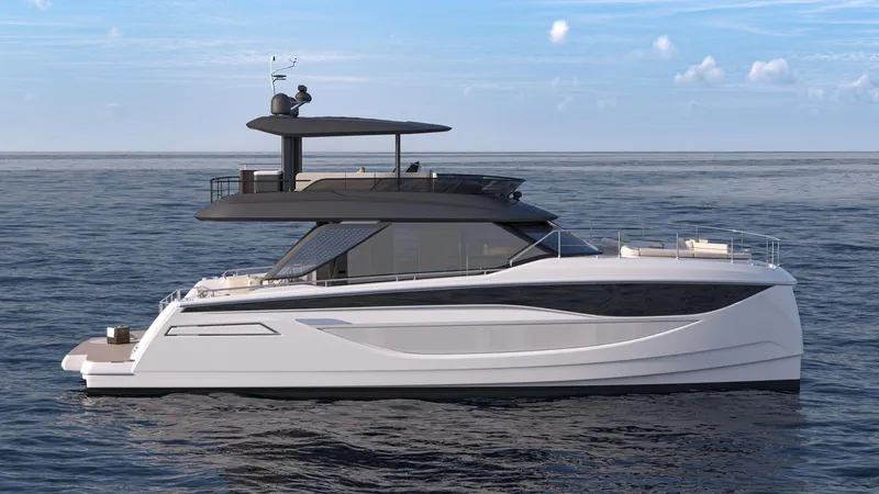 The Image of Luxury Prestige M7 yacht cruising on open sea, 2025 model. - 1