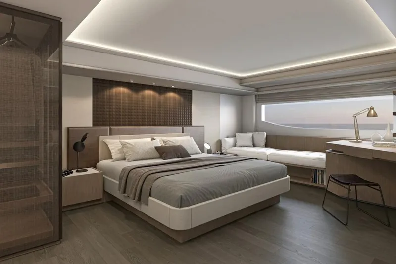 Slide: The Image of Luxurious Prestige M7 2025 yacht bedroom with modern decor and ocean view. - 10