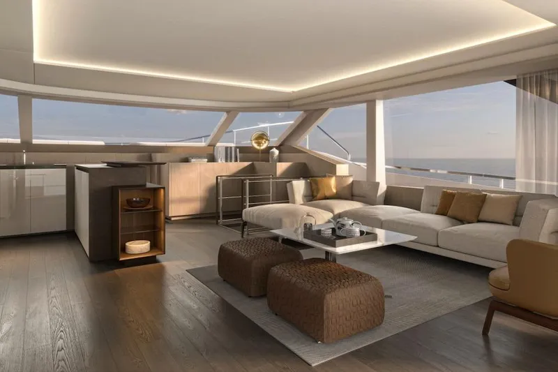 Slide: The Image of Luxurious interior of 2025 Prestige M7 yacht with modern furnishings and ocean view. - 11
