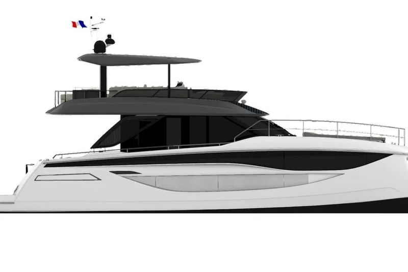 Slide: The Image of Luxury Prestige M7 yacht, 2025 model, sleek design with modern features and French flag. - 118