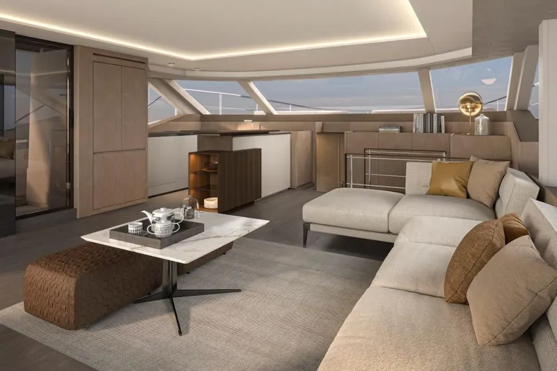 Slide: The Image of Luxurious interior of 2025 Prestige M7 yacht with modern furnishings and elegant decor. - 12