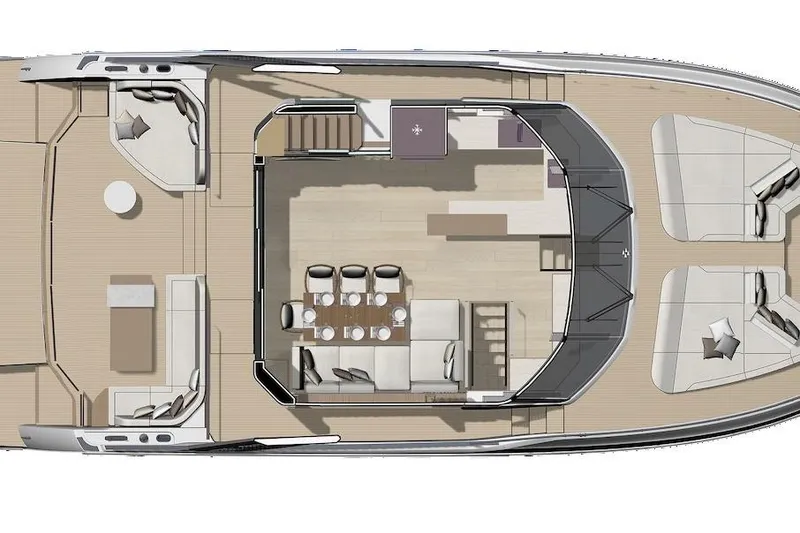 Slide: The Image of Top view of 2025 Prestige M7 yacht interior layout, featuring spacious seating and dining areas. - 123