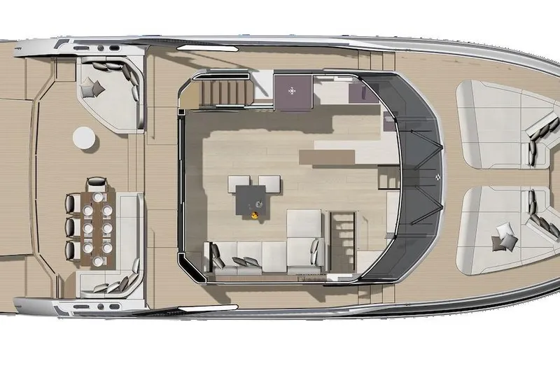 Slide: The Image of Top view of 2025 Prestige M7 yacht layout with seating and dining areas. - 124