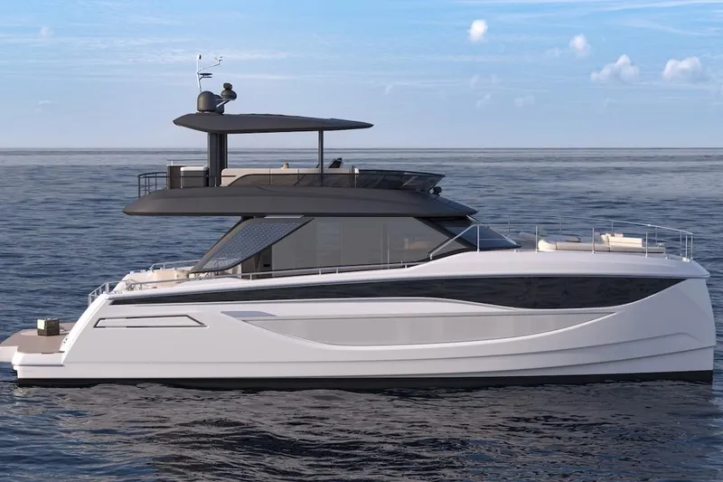 Slide: The Image of Luxury Prestige M7 yacht cruising on open sea, 2025 model. - 14