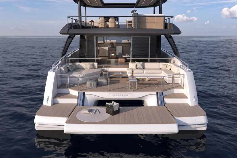 Slide: The Image of Luxury Prestige M7 yacht, 2025 model, featuring elegant deck seating on open water. - 16