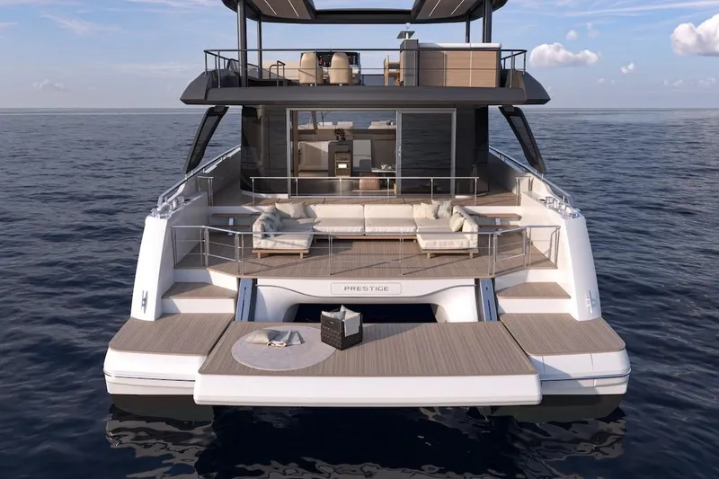 Slide: The Image of Luxury Prestige M7 yacht, 2025 model, featuring spacious deck and modern design on open sea. - 17