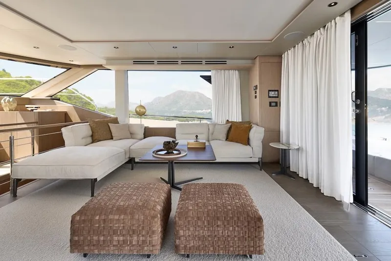 Slide: The Image of Luxurious Prestige M7 yacht interior, featuring elegant seating and panoramic views, 2025 model. - 47
