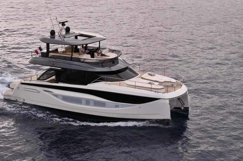 Slide: The Image of Luxurious 2025 Prestige M7 yacht cruising on open water. - 90