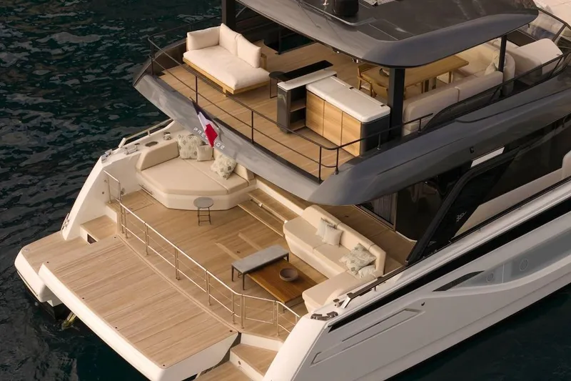 Slide: The Image of Luxurious Prestige M7 yacht, 2025 model, featuring elegant outdoor seating and modern design. - 93