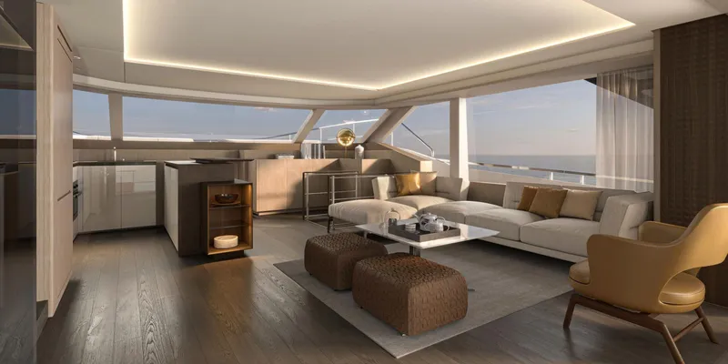 Slide: The Image of Luxurious interior of 2025 Prestige M7 yacht with modern furnishings and panoramic ocean views. - 3