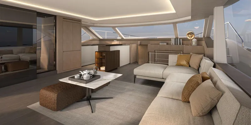 Slide: The Image of Luxurious interior of 2025 Prestige M7 yacht with modern furnishings and elegant design. - 4