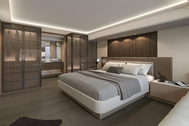Slide: The Image of Luxurious Prestige M7 2025 yacht bedroom with modern design, elegant lighting, and spacious layout. - 40