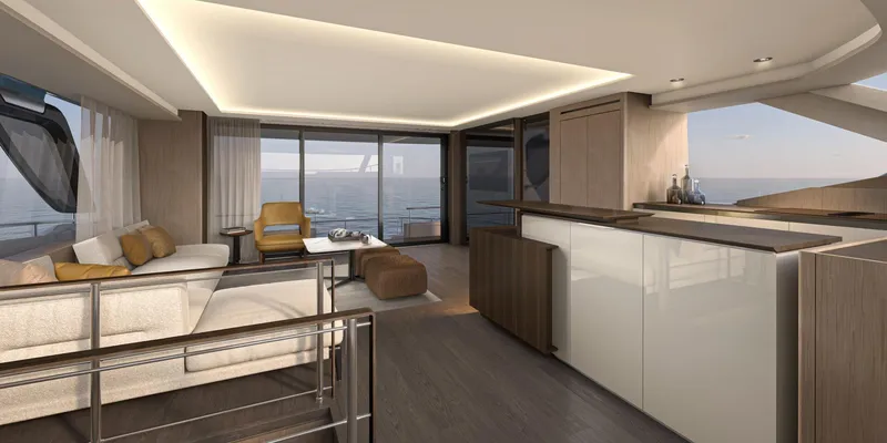 Slide: The Image of Luxurious interior of 2025 Prestige M7 yacht with modern furnishings and ocean view. - 5