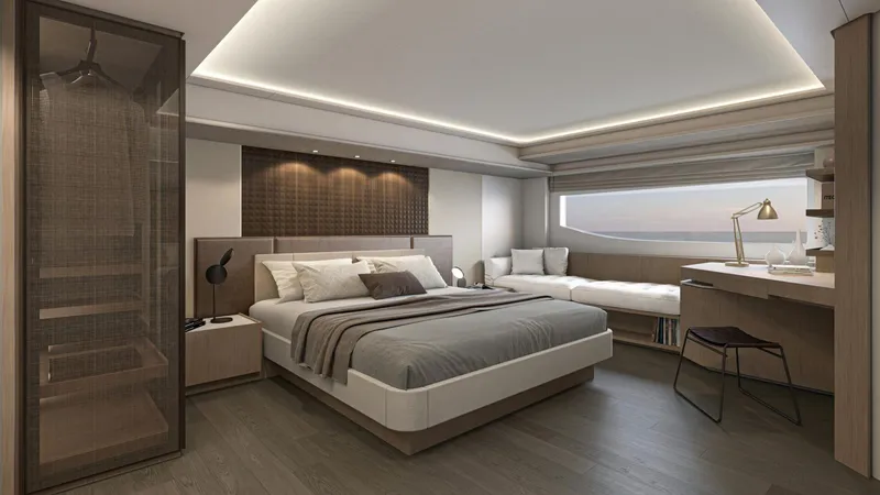 Slide: The Image of Luxurious Prestige M7 2025 yacht bedroom with modern design and ambient lighting. - 6