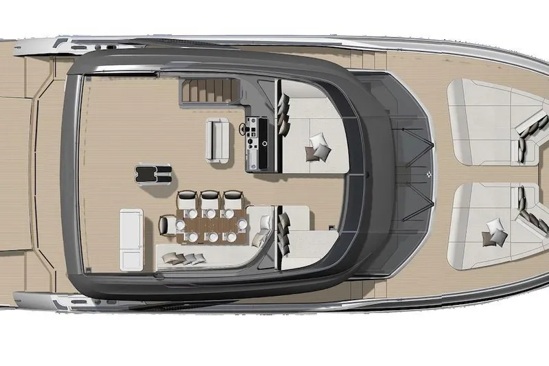 Slide: The Image of Top view of 2025 Prestige M7 yacht layout with seating and dining areas. - 118