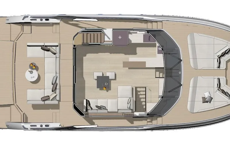Slide: The Image of Top view of 2025 Prestige M7 yacht interior layout with seating and dining areas. - 119