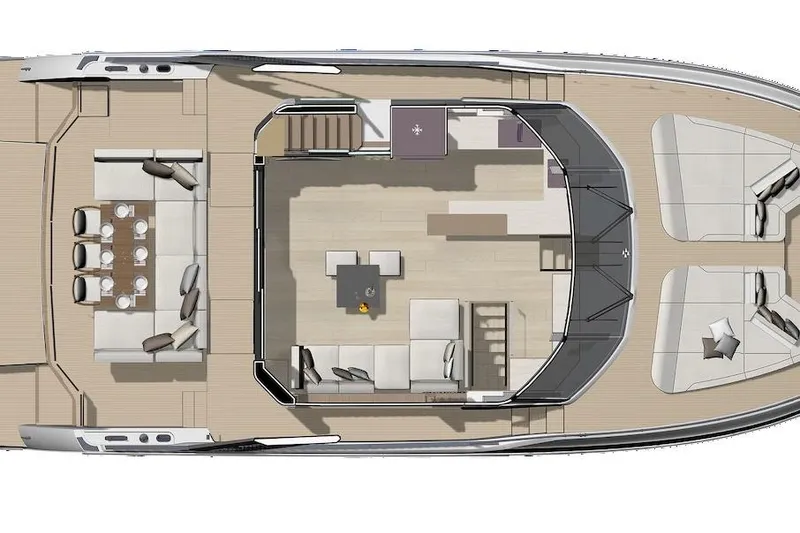 Slide: The Image of Top view of 2025 Prestige M7 yacht layout, featuring spacious seating and dining areas. - 123