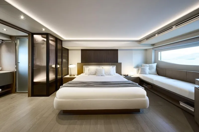 Slide: The Image of Luxurious Prestige M7 2025 yacht bedroom with modern design and elegant lighting. - 34