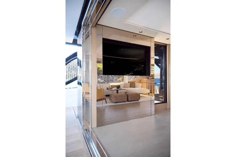 Slide: The Image of Luxurious interior of 2025 Prestige M7 yacht with modern furnishings and sleek design. - 59
