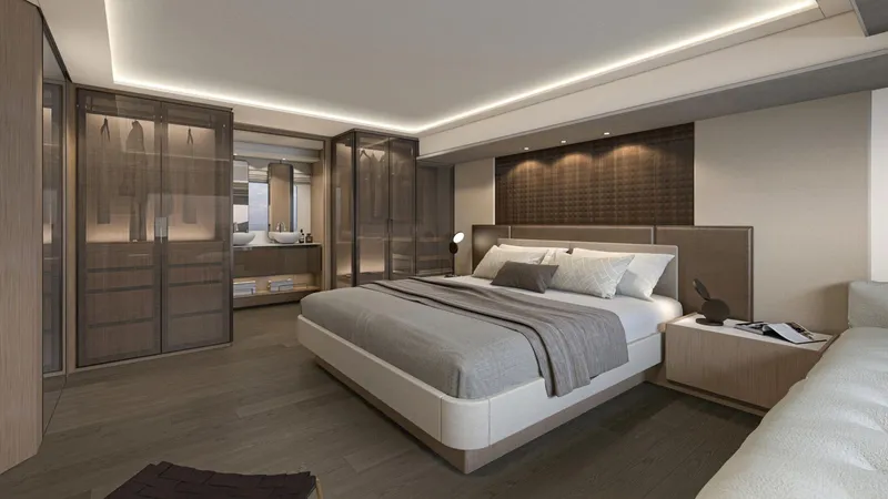 Slide: The Image of Luxurious bedroom interior in Prestige M7, 2025 model, featuring modern design and ambient lighting. - 7
