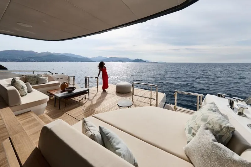 Slide: The Image of Luxurious Prestige M7 yacht deck with ocean view, featuring elegant seating and a person in red. - 72
