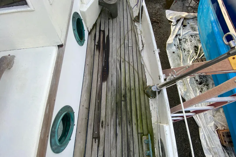 Slide: The Image of Weathered deck of a 1985 Bristol Channel Cutter 28 sailboat, showing green moss and wood details. - 37