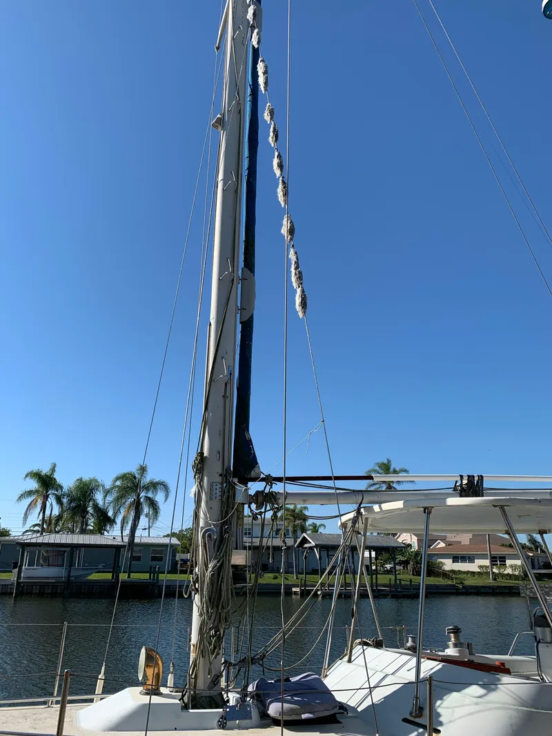 Slide: The Image of 1978 Camper & Nicholsons Sloop mast against clear blue sky, docked near palm trees. - 19
