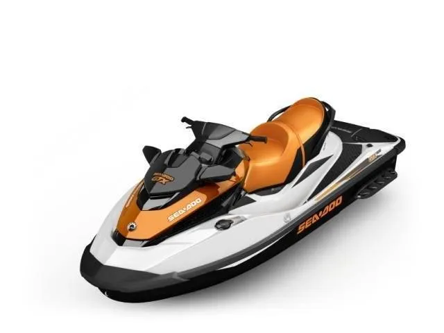 Slide: The Image of 2015 Sea-Doo GTX 155 jet ski, orange and white, side view. - 29