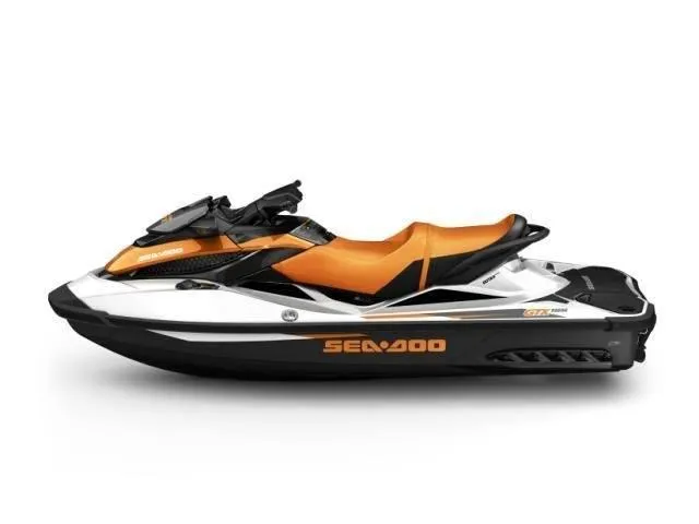 Slide: The Image of 2015 Sea-Doo GTX 155 jet ski, orange and white design, side view. - 30