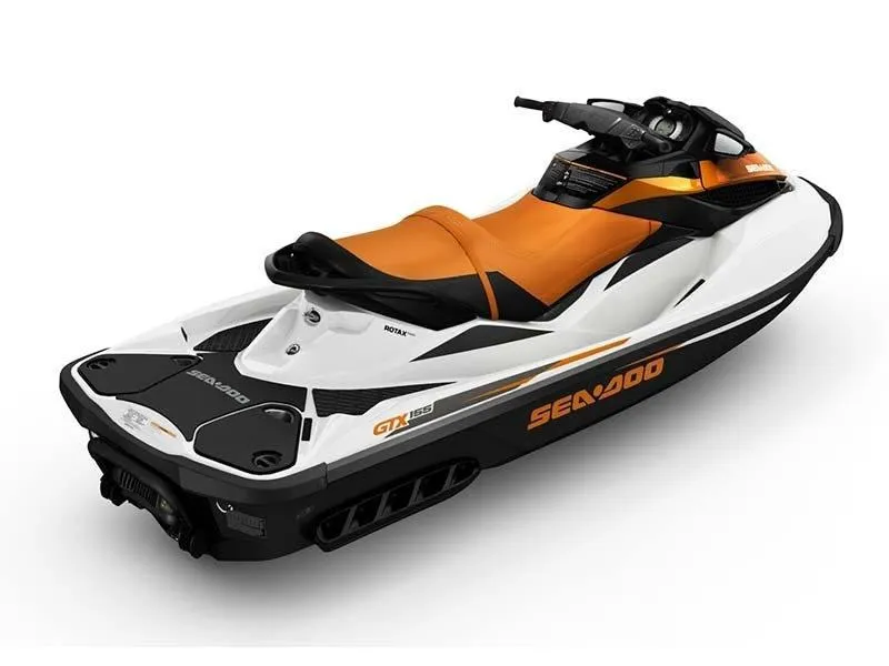 Slide: The Image of 2015 Sea-Doo GTX 155 jet ski, orange and white design, side view. - 31