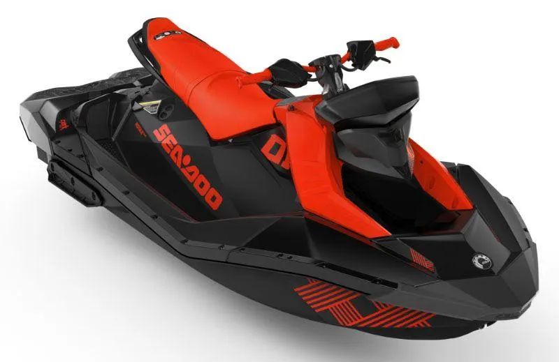 Slide: The Image of 2021 Sea-Doo Spark Trixx 3up iBR with sound system, black and red design. - 19
