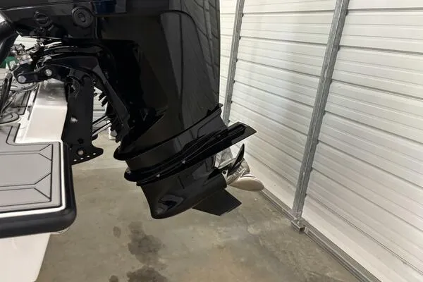 Slide: The Image of 2025 Concept 27' Open Deck boat engine in a garage setting. - 26