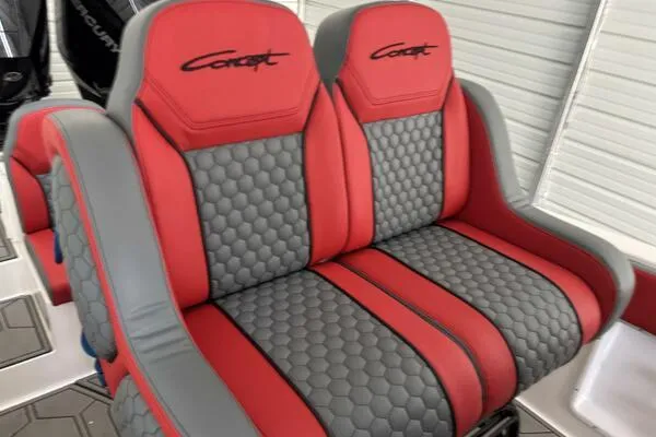 Slide: The Image of Red and gray seats in 2025 Concept 27' Open Deck boat. - 37