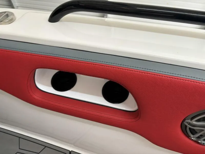 Slide: The Image of Interior detail of 2025 Concept 27' Open Deck boat with red and white accents. - 48