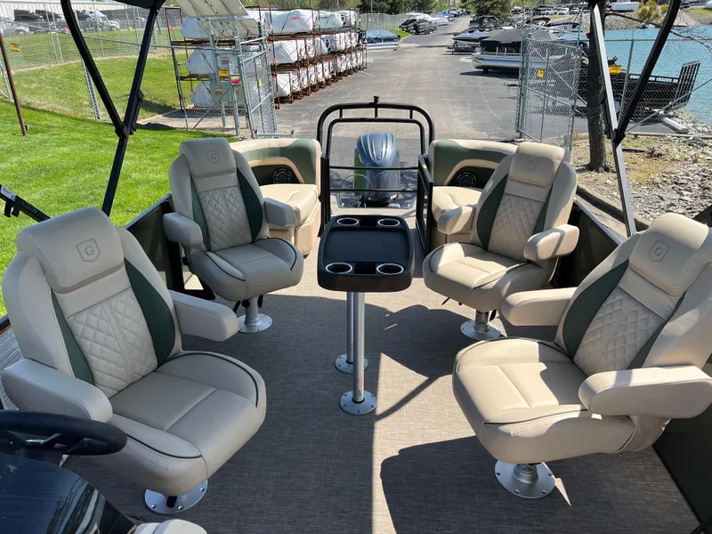 Slide: The Image of Luxurious 2025 Godfrey Sweetwater 2286 Quad Social Tri-Toon with plush seating and modern design. - 14