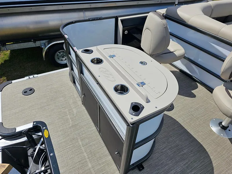 Slide: The Image of 2025 Bentley Pontoons 240 4-Point Fish interior with fishing station and seating. - 10