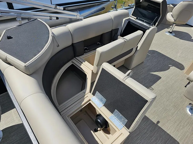 Slide: The Image of 2025 Bentley Pontoons 240 4-Point Fish interior with storage compartments and seating. - 15