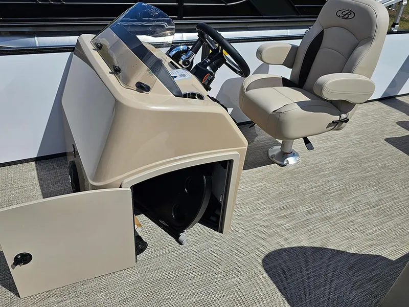 Slide: The Image of 2025 Bentley Pontoons 240 4-Point Fish interior with helm and captain's chair. - 17