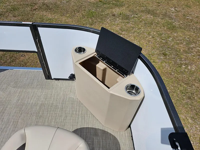 Slide: The Image of 2025 Bentley Pontoons 240 4-Point Fish boat interior with storage and cup holders. - 21