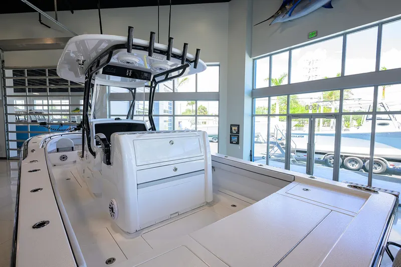 Slide: The Image of 2025 Valhalla Boatworks V-29 in showroom, showcasing sleek design and modern features. - 32