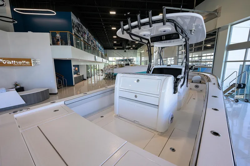 Slide: The Image of 2025 Valhalla Boatworks V-29 in showroom, showcasing sleek design and modern features. - 34