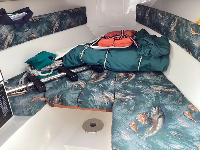 Slide: The Image of 2002 Jupiter 31 Cuddy cabin with fish-patterned cushions and boating gear. - 14