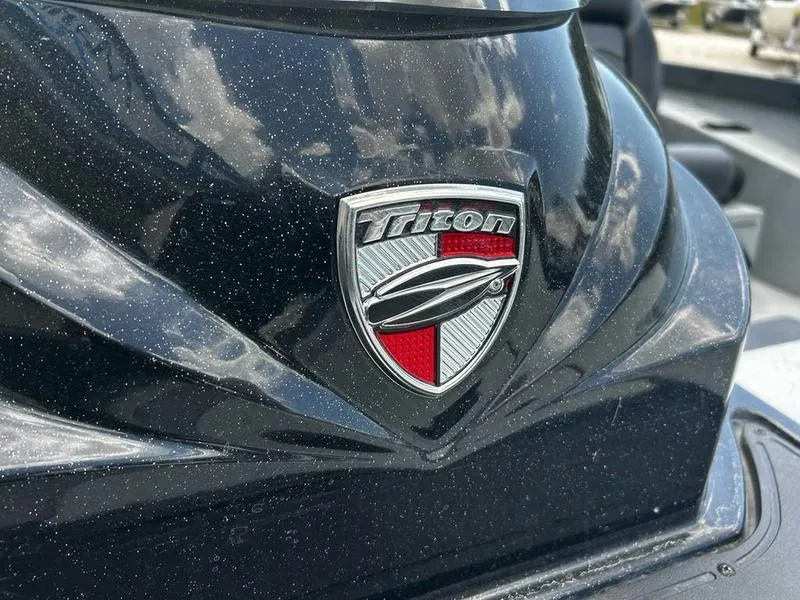 Slide: The Image of 2019 Triton 18 TX boat emblem on a sleek black surface. - 18
