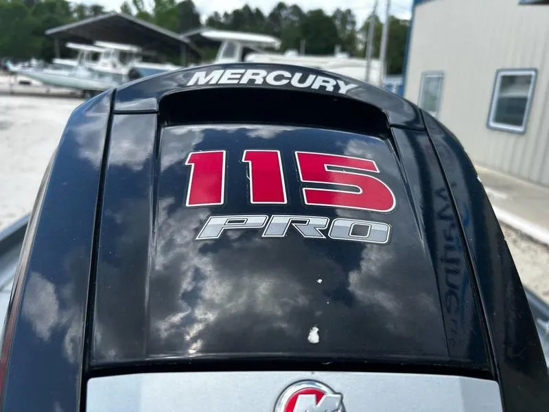 Slide: The Image of Mercury 115 Pro outboard motor on 2019 Triton 18 TX boat, close-up view. - 9