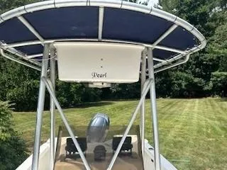 Slide: The Image of 2001 Sea Hunt Triton 200 boat with canopy, named "Pearl," on grassy background. - 2