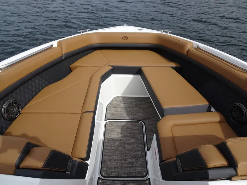 Slide: The Image of Luxurious seating on 2025 Cobalt R8 boat, featuring tan upholstery and sleek design. - 17