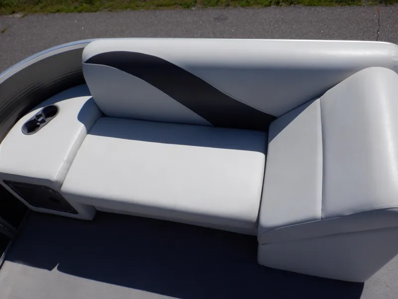Slide: The Image of 2014 Weeres Cadet Cruise 200 pontoon boat seat with cup holder, gray upholstery. - 16