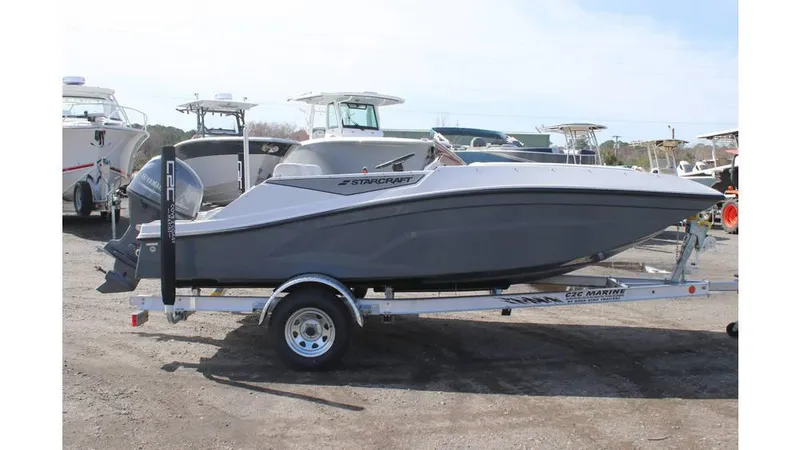 Slide: The Image of 2025 Starcraft SV 16 OB boat on trailer, parked outdoors. - 2