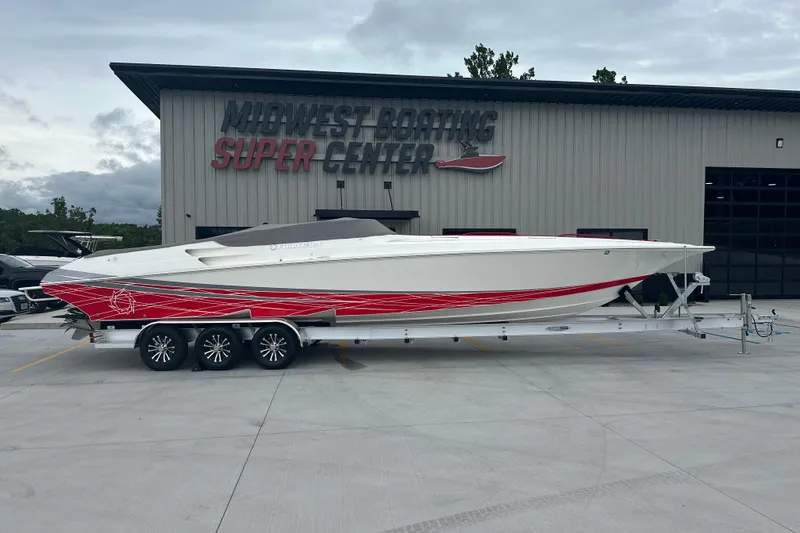 Slide: The Image of 2008 Fountain 38 Lightning boat with red accents at Midwest Boating Super Center. - 0